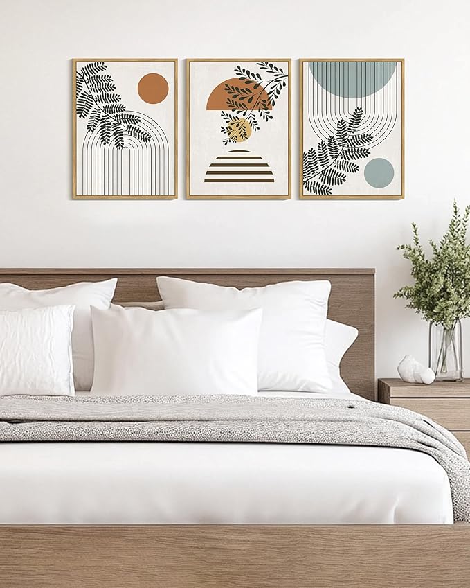 PHOPAGO Summer Boho Wall Art Botanical Modern Framed Wall Prints Abstract Neutral Geometric Prints Bohemain Plants Decor for Farmhouse Hallway - 12x16in Natural Framed