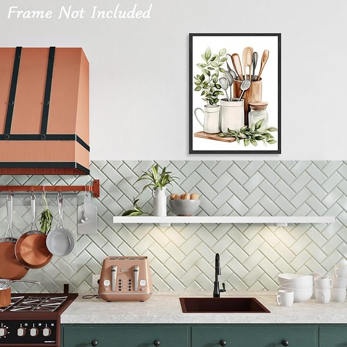 Dazzlewall Watercolor Botanical Kitchen Wall Art Decor,Sage Green Eucalyptus Leaves Kitchenware Wall Poster for Kitchen Dining Room Canteen Decor 12x16 in Unframed