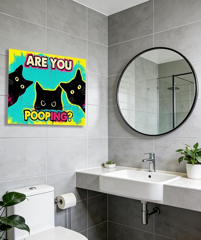 Funny Black Cat Bathroom Canvas Wall Art - Are You Pooping? Colorful Humor Poster for Washroom, 16x24 Inch Framed Graffiti Print for Toilet Restroom, Pop Art Wall Decor, Gifts for Cat Lovers
