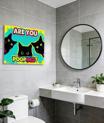 Funny Black Cat Bathroom Canvas Wall Art - Are You Pooping? Colorful Humor Poster for Washroom, 16x24 Inch Framed Graffiti Print for Toilet Restroom, Pop Art Wall Decor, Gifts for Cat Lovers