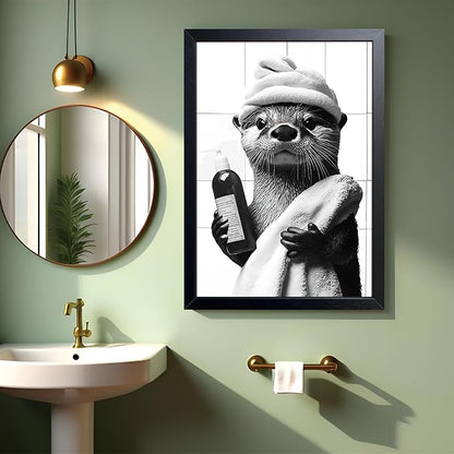 ARKZSHO Black and White Bathroom Wall Art, Funny Otter Is Getting Ready Bath Canvas Print Picture, Modern Farmhouse Wall Decor Painting, Cute Animal Bathroom Restroom Home Decoration 16x24 Inch Wood Framed