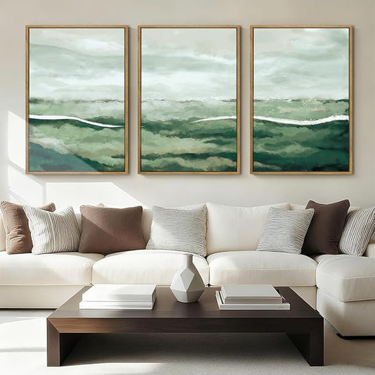 ANHUIB Large Green Wall Art 24x36 Inch Sage Green Abstract Wall Decor Watercolor Abstract Paintings Set of 3 for Living room Bedroom