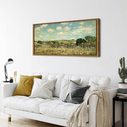 Rustic Grassland Wall Art Canvas Wooden Framed Vintage Green Forest Pictures Wall Decor Countryside Wildflower Landscape Painting Prints Abstract Artwork for Living Room Bedroom Home Decoration 24x48