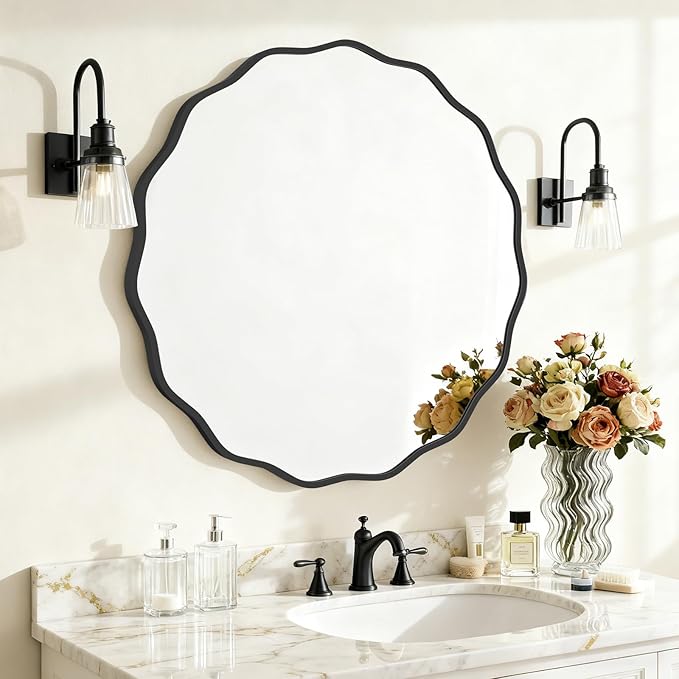 HOMECOOKIN 32" Wavy Round Wall Mirror, Black Scalloped Circle Mirror Edge Round with Metal Frame, Modern Decorative Hanging/Leaning Mirrors for Bathroom, Hotels, Hallway, Entryway, Vanity, Office