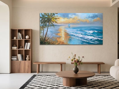Enartly 3D Textured Seascape Wall Art for Living Room, Ocean Nature Coconut Tree Landscape Canvas Painting Artwork Framed Bedroom Bathroom Hallway Home Office Wall Decor, 48"x24"
