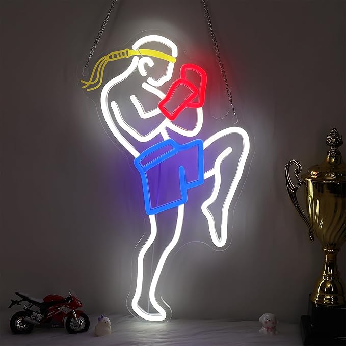 OkiyiD Muay Thai Neon Sign for Men, Martial Arts Wall Decor Combat Sports Theme Room Decor with USB Power & Hanging Chain, Ideal MMA Gifts for Bedroom, Game Room, Man Cave and Club Lighting Atmospher