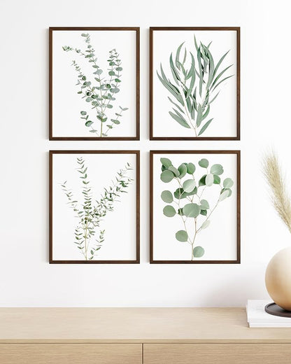 HAUS AND HUES Botanical Plant Wall Art - Set of 4 Prints, Floral Kitchen Decor, Eucalyptus Wall Art, Green Botanical Poster (Walnut Frame, 8x10)