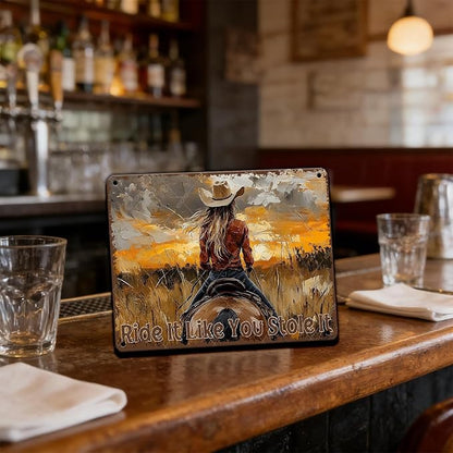 Western Cowgirl Riding Horse Metal Tin Sign Ride It Like You Stole It Wall Art Cowgirl Wall Sunset Countryside Landscape Painting Vintage Artwork for Living Room Bedroom 16x12 Inch
