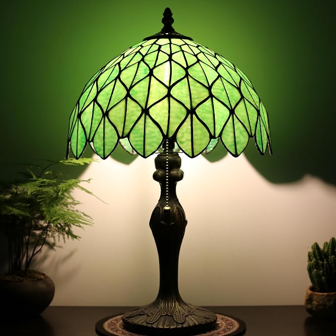 Tiffany Lamp Stained Glass Table Lamp 12 x 19” Green Maple Leaf Style Decorative Lamp Bedside Reading Light for Desk Living Room Bedroom Office Study Light Home Decor Gift