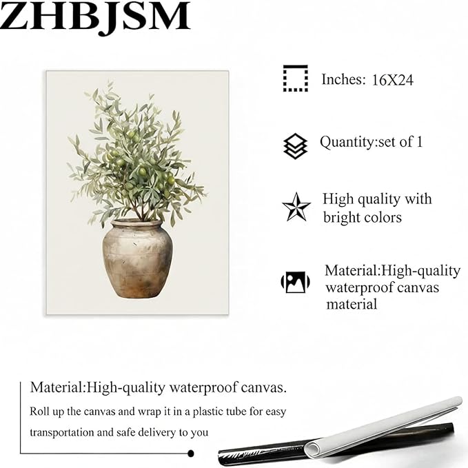 ZHBJSM Olive Branch Wall Art Set of 2 Boho Farmhouse Scandinavian Minimalist Watercolor Olive Branch Clay Vase Earthy Neutral Tone For Home Kitchen Dining Room Living Room 16x24 Inch Unframed
