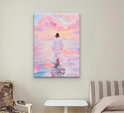 Jesus Canvas Wall Art Pink Jesus Walks on Water Canvas Paintings Prints Religious Savior Wall Decor Christian Bible Stories Poster printing Artwork for Living Room Bedroom Church Decoration 24x36in