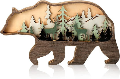 Honoson Forest Animal Rustic Wall Art Decor Wooden Farmhouse Wall Decoration Wooden Animal Decor Wood Forest and Mountain Ornaments for Cabin Bedroom Living Room Decor(Colorful,Bear Style)
