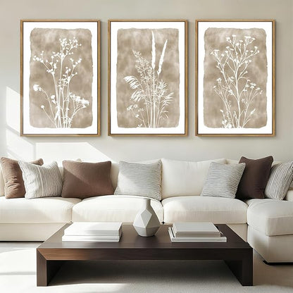 ANHUIB Extra Large Beige Floral Wall Art 24x36 Inch Neutral Floral Wall Decor Vintage Flower Artwork for Living Room Bedroom Office Set of 3