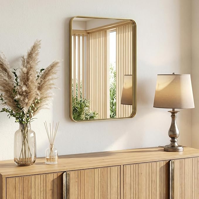 Sweetcrispy Bathroom Wall Mirror, 30x22 Inch Wall Mount Mirror for Over Sink, Modern Rounded Rectangle Vanity Mirror with Matte Metal Framed, for Home Decor, Living Room, Bedroom, Gold