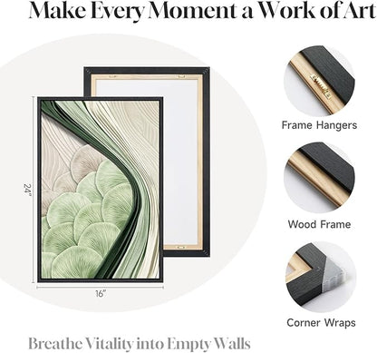 Framed Green Abstract Wall Art Bedroom, 3 Piece Botanical Modern Minimalist Canvas Print Artwork for Walls, Leaf Paintings Pictures for Small Living Room Dining Room Office Wall Art Decor, 16x24 Inch