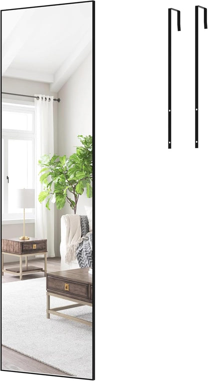 ANYHI Over The Door Mirror, 60"x18" Black Full Length Mirror with 2 Hooks, Door Hanging or Wall Mounted, Aluminum Frame, for Bedroom Bathroom