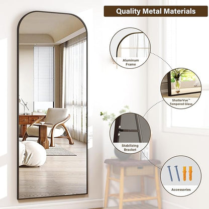 56x21 Inch Full Length Mirror - Large Floor Standing & Wall Mountable Full Body Mirror with Sturdy Aluminum Frame, Arched Top Design, Freestanding or Hanging for Bedroom, Living Room, Cloakroom,Black