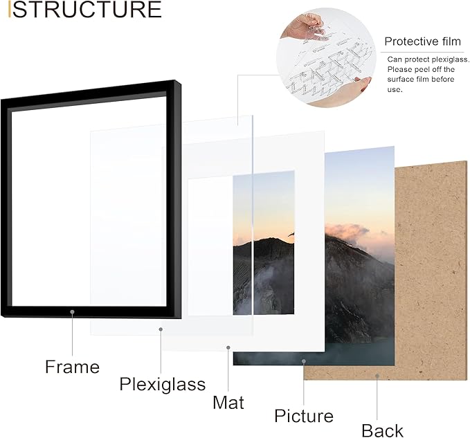 Wiscet 12x12 Picture Frame Set of 9, Gallery Wall Frame Set Display Pictures 8x8 with Mat or 12 x 12 without Mat, Square Collage Picture Frames for Wall, Black