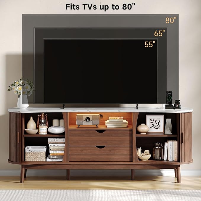ONBRILL 70 Inch Fluted TV Stand for TVs up to 80 Inch, Curved Entertainment Center with LED Light, Power Outlet, Storage, Mid Century Modern Media TV Console Table for Living Room, Bedroom, Walnut