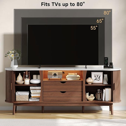 ONBRILL 70 Inch Fluted TV Stand for TVs up to 80 Inch, Curved Entertainment Center with LED Light, Power Outlet, Storage, Mid Century Modern Media TV Console Table for Living Room, Bedroom, Walnut