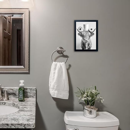 Funny Highland Cow Bathroom Wall Art with Toilet Paper on Head, Humorous Farmhouse Sign for Bathroom Decor, Rustic Black Framed Canvas Print for Restroom Toilet, Ready to Hang 12"x16"
