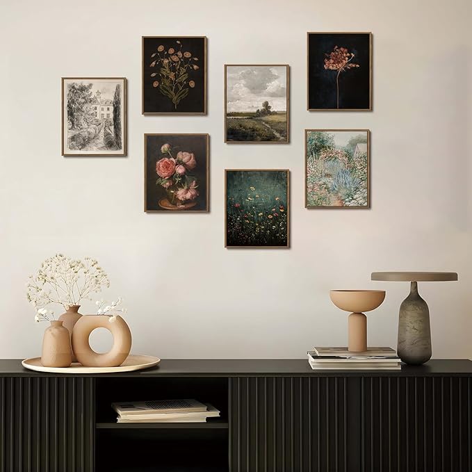 WALLZK Vintage Framed Wall Art Moody Botanical Wall Decor Dark Dried Flower Minimalist Canvas Prints Pictures Rustic Retro Artwork for Walls Living Room Bedroom Bathroom 8"x10"