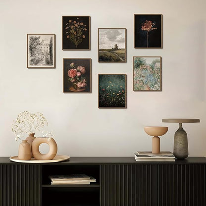 WALLZK Vintage Framed Wall Art Moody Botanical Wall Decor Dark Dried Flower Minimalist Canvas Prints Pictures Rustic Retro Artwork for Walls Living Room Bedroom Bathroom 8"x10"