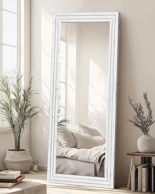 Full Length Mirror 65"x24" Solid Wood Frame Floor Large Mirror for Living Room, Bedroom Hanging or Leaning Wall-Mounted, White