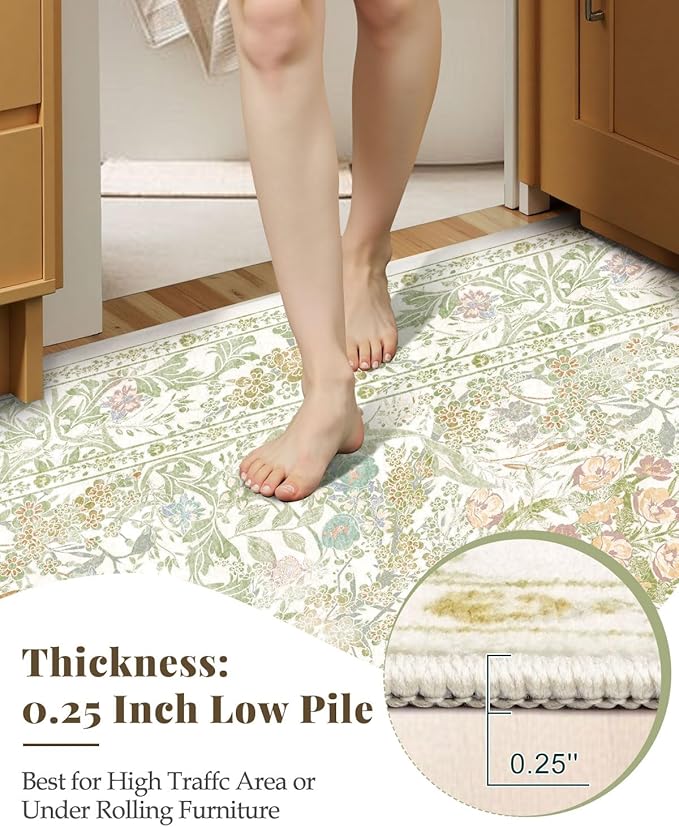 Lunasun Sage Green Long Bedroom Bedside Runner Rugs, 2x6 Non Slip Boho Floral Throw Rug for Kitchen, Hallway, Indoor Entrance, Foyer, Bathroom - Farmhouse Thin Front Door Low Pile Mat