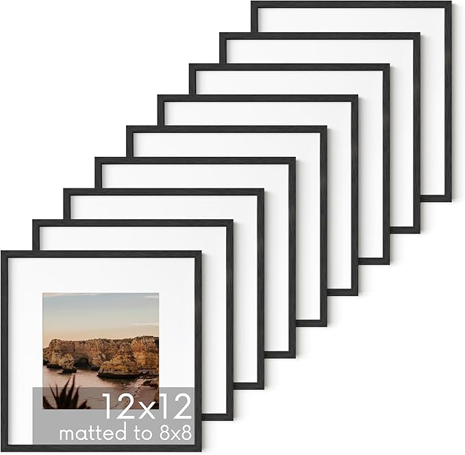HAUS AND HUES Black Oak Wood 12x12 Picture Frames - Set of 9, Square Frames with Mat, Minimalist Frames for Photos and Artwork (12x12 in, Black, Set of 9)