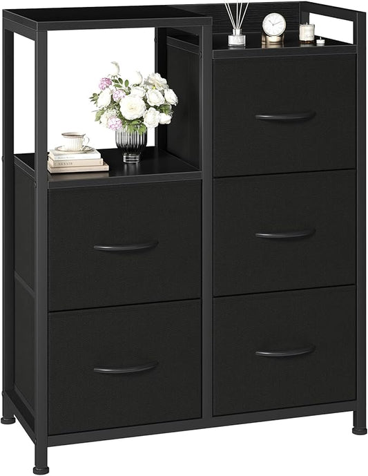 DUMOS TV Stands for Bedroom with 5 Drawers, 5-Drawer Chest of Drawers with Raised Shelf, Storage Tower with Fabric Bins for Closet Organization, Hallway Storage, Ink
