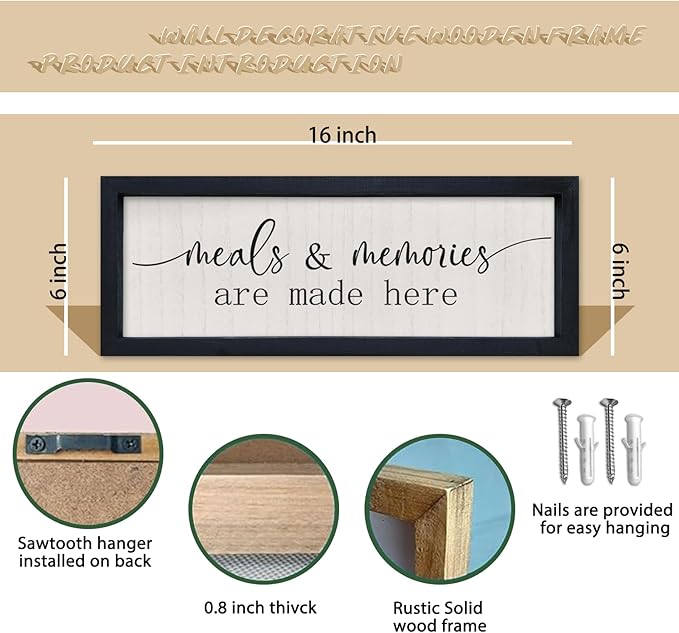 comurdyo Kitchen Meals and Memories Are Made Here Wall Decor 16"x6" for Modern Rustic Dining Room Kitchen Sign Small Minimalist Wooden Framed Wall Hanging Art (Black)
