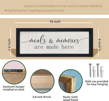 comurdyo Kitchen Meals and Memories Are Made Here Wall Decor 16"x6" for Modern Rustic Dining Room Kitchen Sign Small Minimalist Wooden Framed Wall Hanging Art (Black)