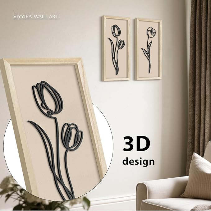 VIYYIEA Wooden 3d Floral Bathroom Wall Decor, Ready-to-Hang Framed Wall Art For Living Room, Bedroom and Office, Boho Botanical Farmhouse Decoration, Lightweight but Valuable Gift (7x16 In, set of 2)