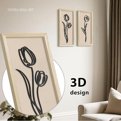 VIYYIEA Wooden 3d Floral Bathroom Wall Decor, Ready-to-Hang Framed Wall Art For Living Room, Bedroom and Office, Boho Botanical Farmhouse Decoration, Lightweight but Valuable Gift (7x16 In, set of 2)
