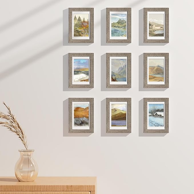 Vittanly 4x6 Picture Frames Set of 9, Display 3.5x5 Pictures with Mat or 4x6 without Mat, Photo Frames for Wall or Tabletop with Plexiglass, Engineered Wood, Grayish Brown