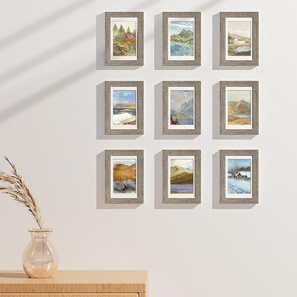 Vittanly 4x6 Picture Frames Set of 9, Display 3.5x5 Pictures with Mat or 4x6 without Mat, Photo Frames for Wall or Tabletop with Plexiglass, Engineered Wood, Grayish Brown