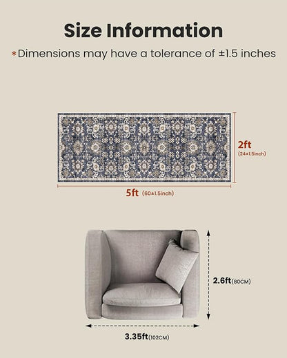 AMADA HOMEFURNISHING 2x5 Washable Runner Rug, Low-Profile Kitchen Rugs with Non-Slip Backing & Durable Edge Binding, Vintage Entryway Runner Rug for Bedroom & Hallway