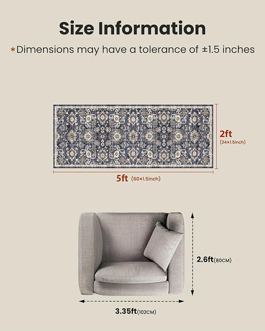 AMADA HOMEFURNISHING 2x5 Washable Runner Rug, Low-Profile Kitchen Rugs with Non-Slip Backing & Durable Edge Binding, Vintage Entryway Runner Rug for Bedroom & Hallway