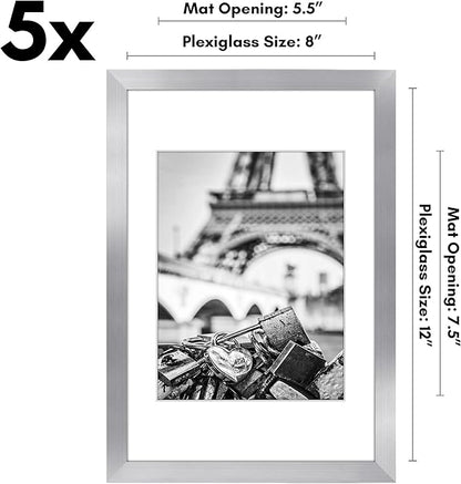 Americanflat 8x12 Picture Frame with Polished Plexiglass - Set of 5 - Use as 6x8 Frame with Mat or Display 8x12 Photo Without Mat - Galleria Collection - Picture Frames for Wall Display - Silver