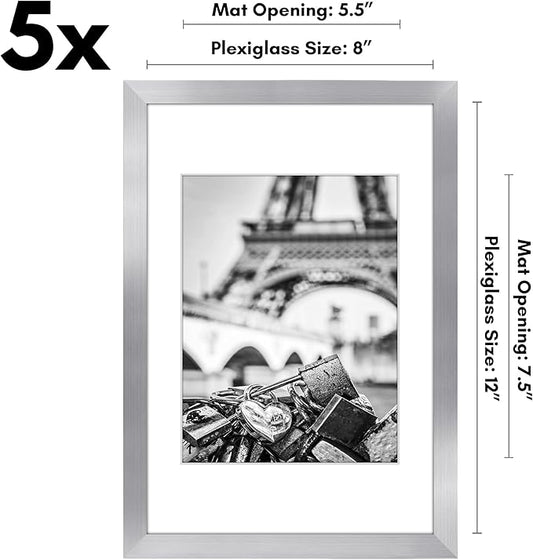 Americanflat 8x12 Picture Frame with Polished Plexiglass - Set of 5 - Use as 6x8 Frame with Mat or Display 8x12 Photo Without Mat - Galleria Collection - Picture Frames for Wall Display - Silver