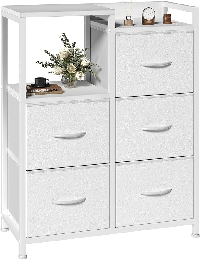 DUMOS TV Stands for Bedroom with 5 Drawers, 5-Drawer Chest of Drawers with Raised Shelf, Storage Tower with Fabric Bins for Closet Organization, Hallway Storage, Ivory
