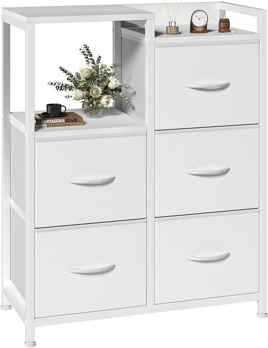 DUMOS TV Stands for Bedroom with 5 Drawers, 5-Drawer Chest of Drawers with Raised Shelf, Storage Tower with Fabric Bins for Closet Organization, Hallway Storage, Ivory