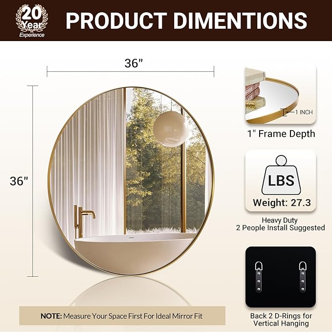 ANDY STAR Gold Round Mirror, 36’’ Brushed Gold Circle Bathroom Mirrors in Stainless Steel Metal Frame 1" Deep Set Design