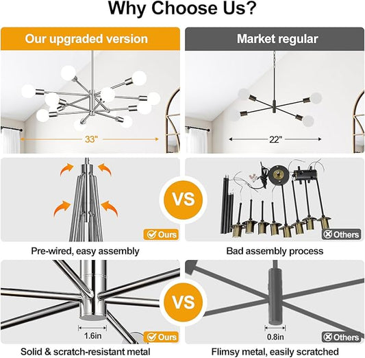 10.9"-52.3" Height Adjustable Modern Chandelier Ceiling Light Fixture, 12-Light Sputnik Chandeliers Chrome Mid Century Chandelier Over Table, Chandeliers for Dining Room Living Room Kitchen Hallway