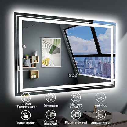Snowdool LED Bathroom Mirror, 40"X30" with Front and Backlit, Anti-Fog, Bathroom Vanity Mirror for Wall, Memory Function, Stepless Dimmable, Tempered Glass (Horizontal/Vertical)