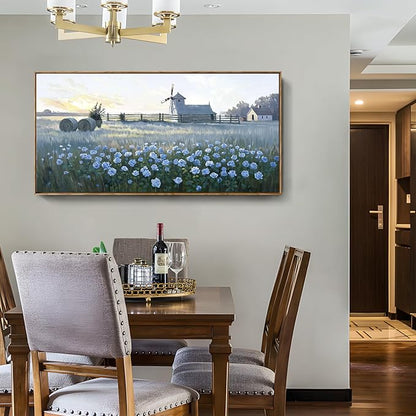 Large Framed Modern Canvas Wall Art, Natural Rural Farm Print Picture, Blue Windmill Flower Field Landscape Art Decor For Living Room, Bedroom, Dining Room, And Kitchen. 48X24 Inches.