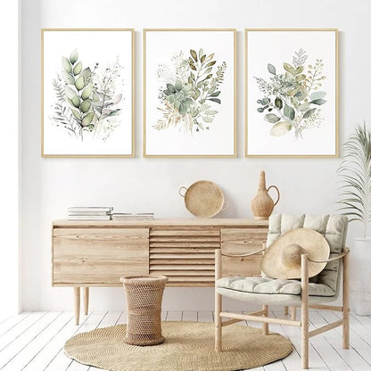 Joocrise Watercolor Botanical Wall Art Set of 3 Boho Floral Canvas Wall Decor Prints Sage Green Wildflower Wall Art Modern Flower Pictures Botanical Painting for Bedroom Bathroom 16x24 Inch Framed