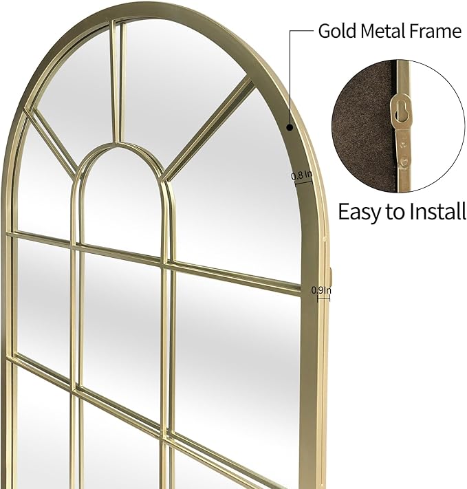 HQiJun Wall Mirror Window Decorative Mirrors Arched Farmhouse for Living Room Bedroom Entryway Bathroom Vanity (Gold, 41.3" x 24" x 1")