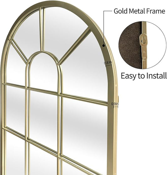 HQiJun Wall Mirror Window Decorative Mirrors Arched Farmhouse for Living Room Bedroom Entryway Bathroom Vanity (Gold, 41.3" x 24" x 1")